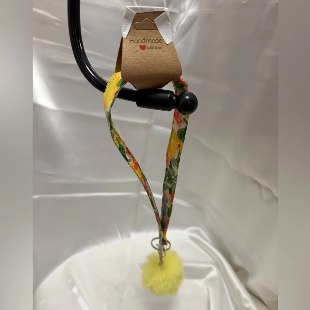 Handmade Lemon and Floral Wristlet Keychain with Yellow Pompom